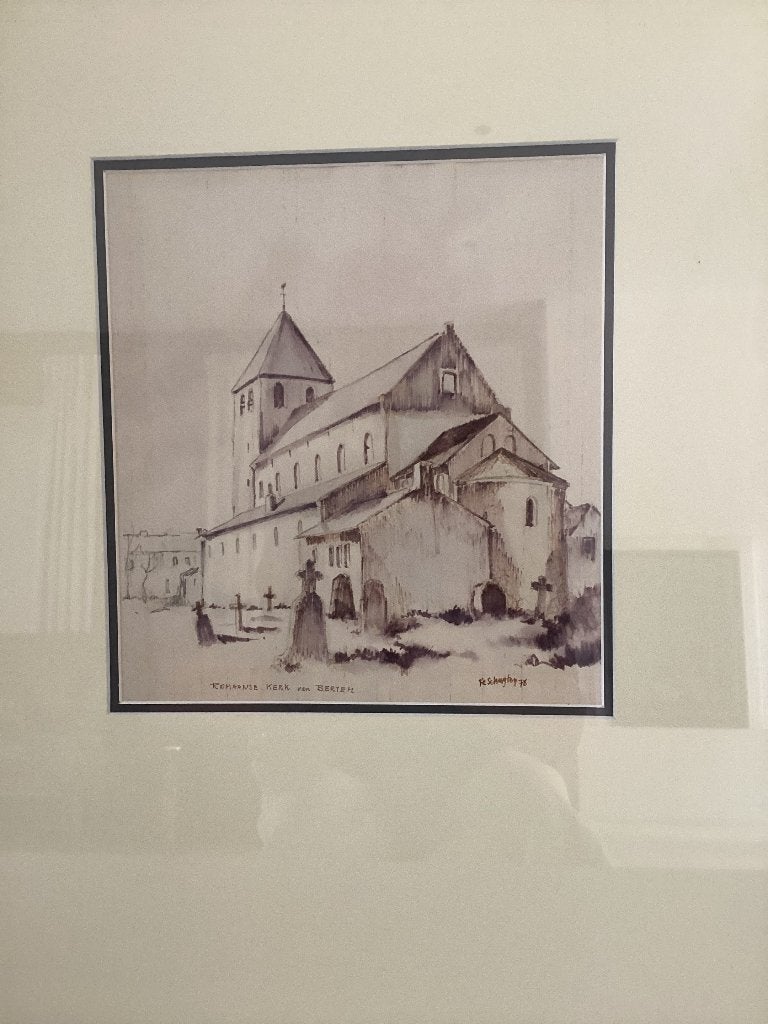 Dessin au crayon de l'église de Bertem, Antiquités & Art, Art | Peinture | Classique, Enlèvement, Dessin, Encadré, Papier
