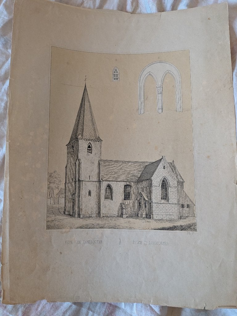 19de eeuwse tekening kerk van Landskouter, Ophalen of Verzenden