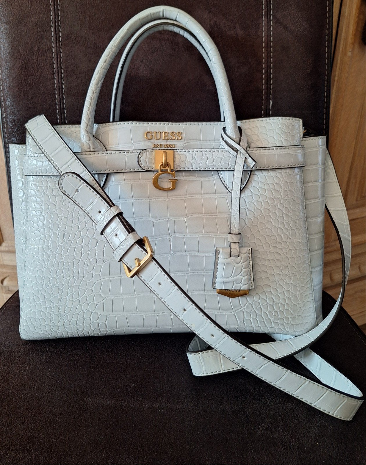 Guess handtas Enisa Society Satchel  Enisa Croco Handtas, Ophalen of Verzenden, Nieuw, Blauw, Handtas