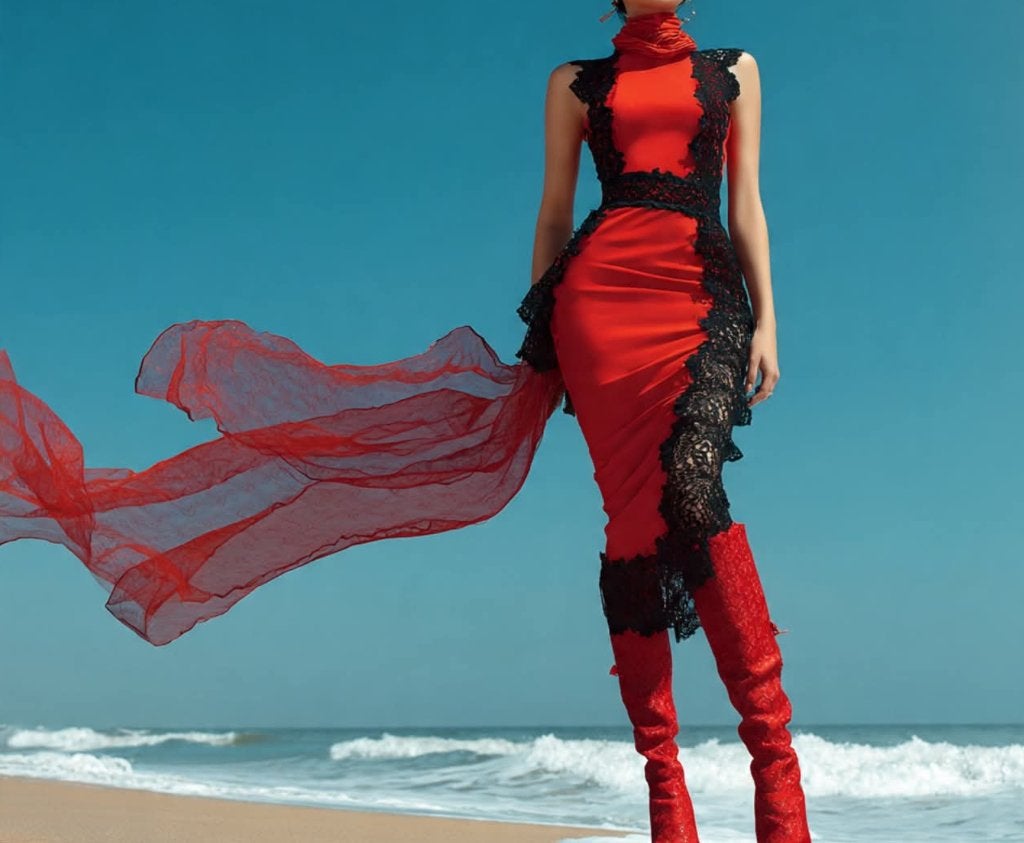 Robe rouge accrocheuse avec des accents de dentelle noire, Taille 38/40 (M), Enlèvement ou Envoi, Farfetch, Sous le genou