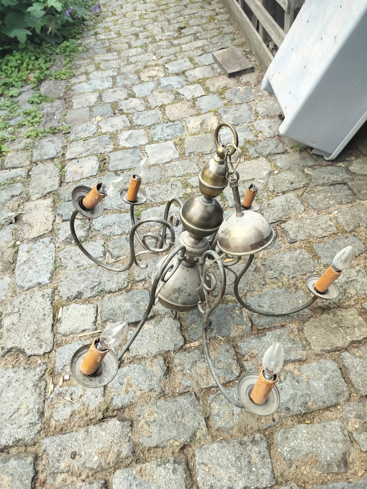 Koperen luister met 6 lichtpunten, Huis en Inrichting, Lampen | Kroonluchters, Ophalen