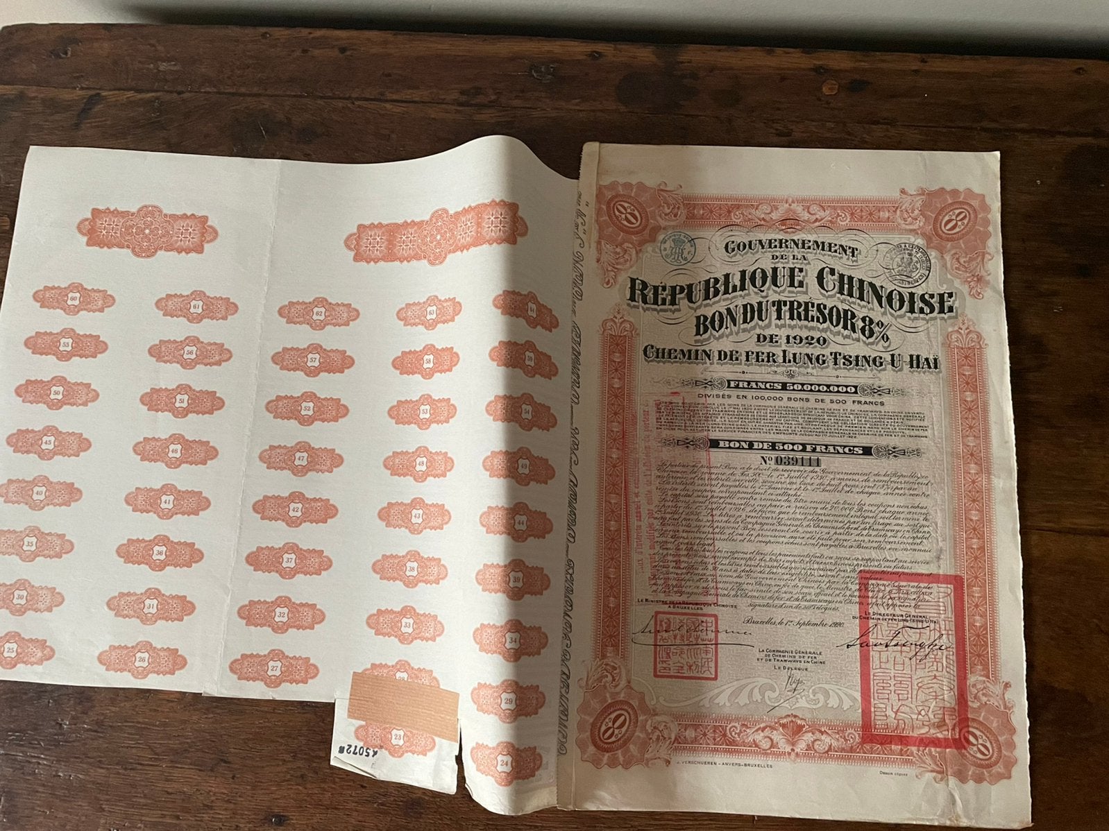 Ancienne action chinoise, obligation de 1920, Enlèvement ou Envoi, 1920 à 1950, Obligation ou Prêt