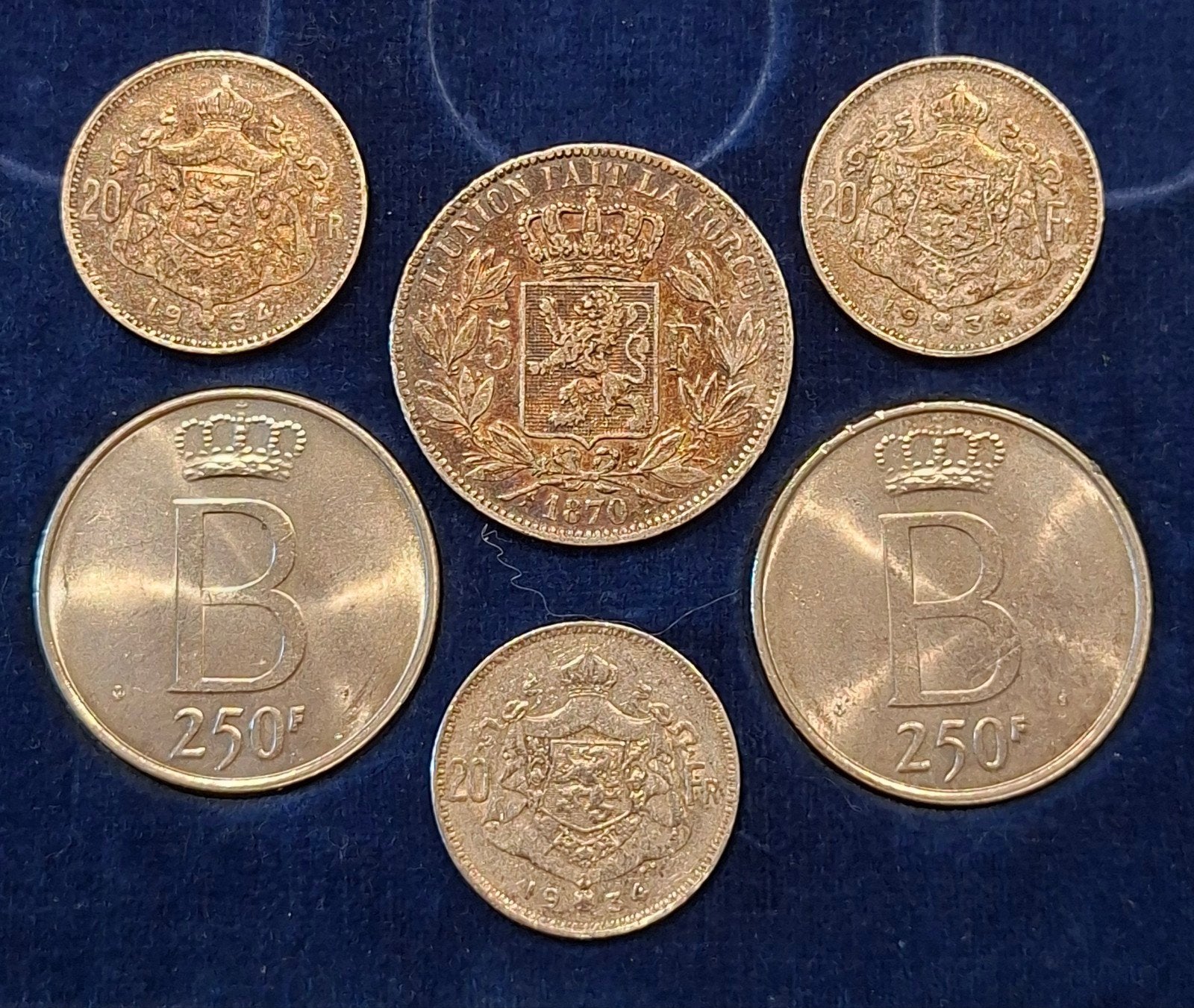 Lot van 6 zilveren munten - 5, 20 en 250 frank België, Postzegels en Munten, Ophalen of Verzenden