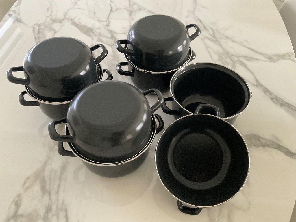 Mosselpot zwart metaal met deksel x 4 stuks (portie 1kg), Ophalen, Overige materialen, Met deksel, Overige typen