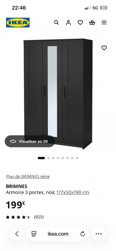 Armoire IKEA BRIMNES 3 portes avec miroir – noire – 50 €, Avec porte(s), Comme neuf, 100 à 150 cm, Autres matériaux