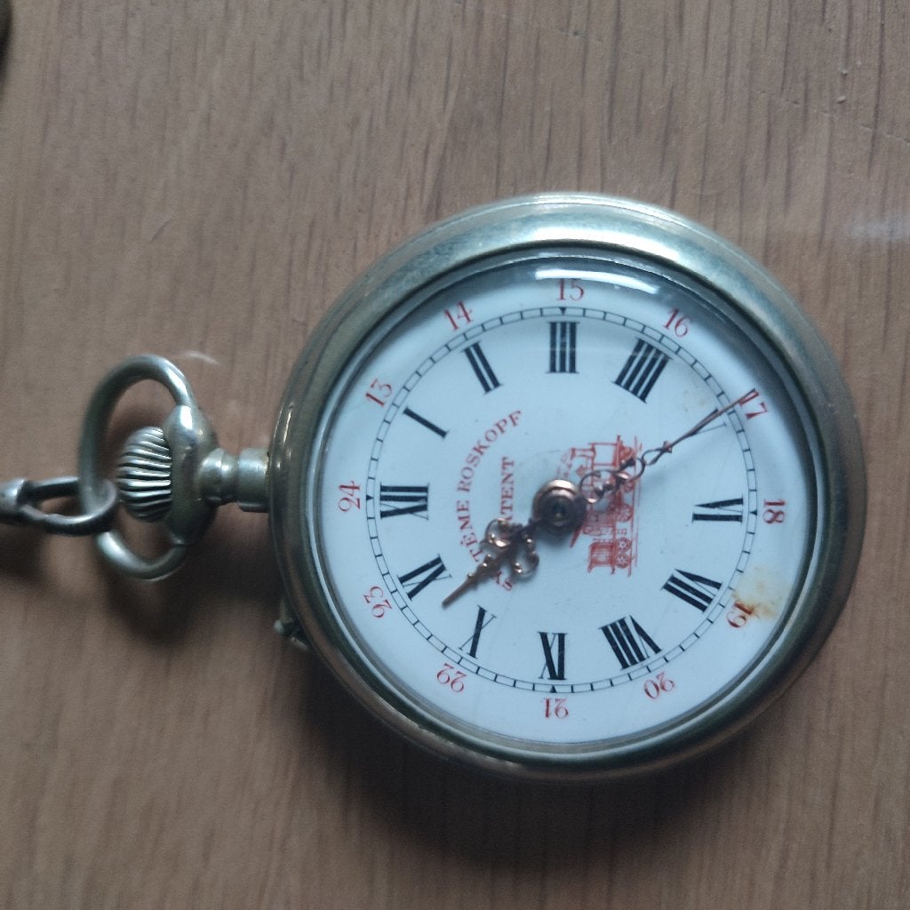 Antieken Zilveren Zakhorloge ROSKOPF, Handtassen en Accessoires, Ophalen, Zakhorloge, 1900 tot 1930, Met ketting