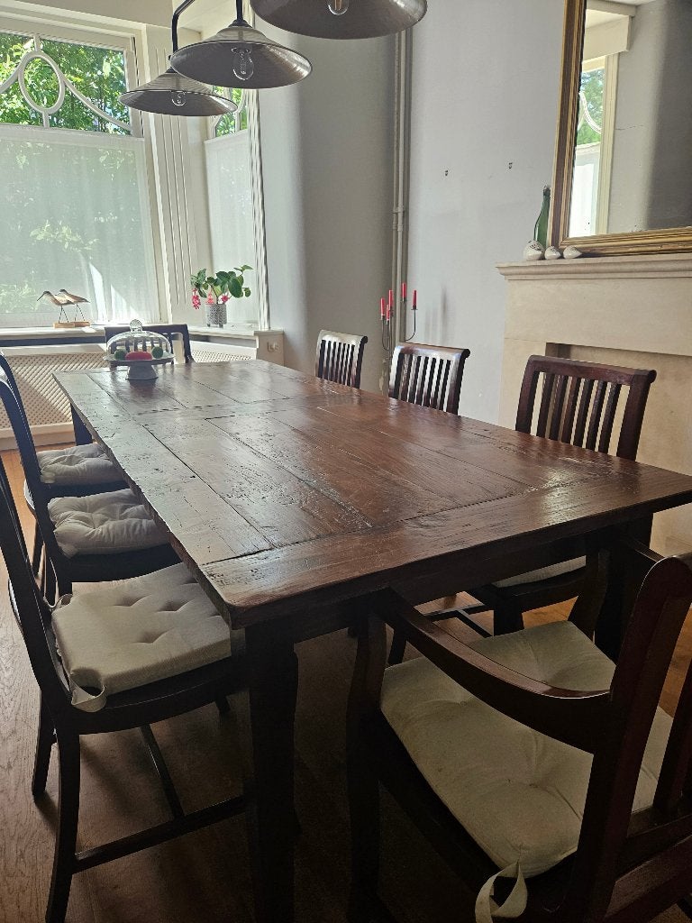 Eettafel teak met 8 stoelen, Ophalen, 100 tot 150 cm, Teakhout, 200 cm of meer