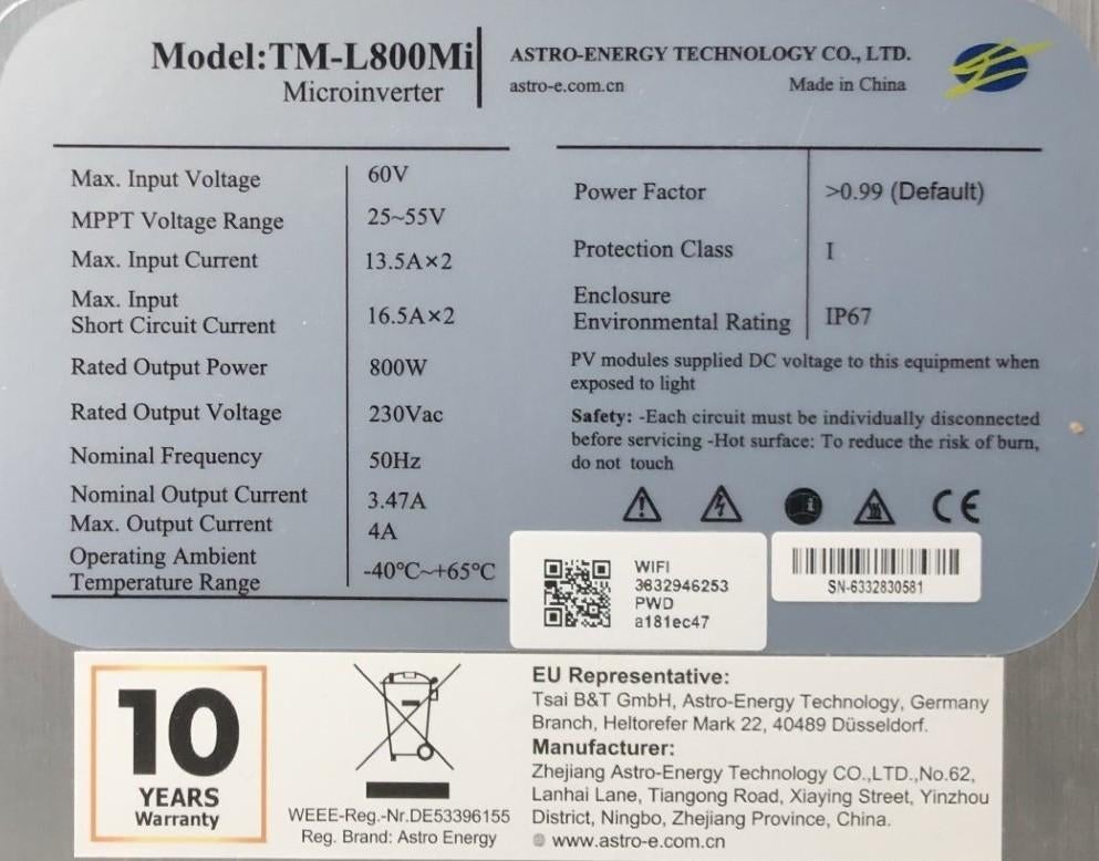 Astro-Energy Technology Microinverter TM-L800Mi, Ophalen of Verzenden, Nieuw, Compleet systeem, 200 wattpiek of meer