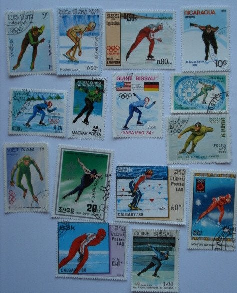 Timbre-poste LOT de 15 patinage de vitesse olympiques hiver, Envoi, Affranchi, Sport