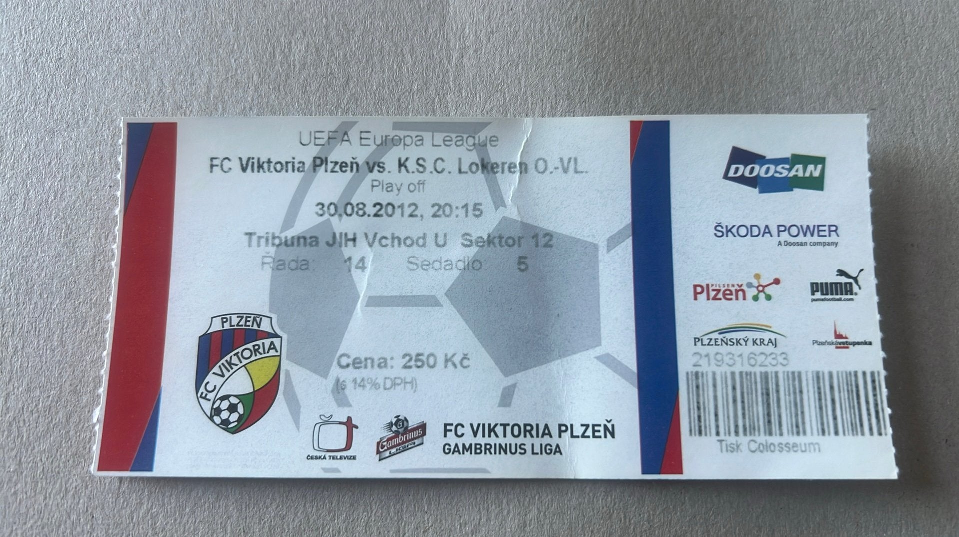 Ticket UEFA Cup 2012 Viktoria Plzen - KSC Lokeren, Verzenden, Gebruikt, Overige typen