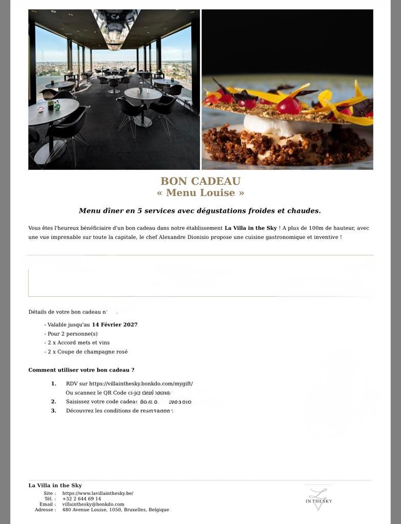 VILLA IN THE SKY - menu 2 personnes + champagne, Tickets & Billets, Réductions & Chèques cadeaux, Bon cadeau