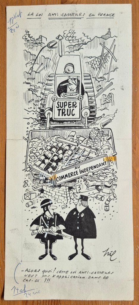 Pil originele tekening La loi anti-casseurs en France 1970, Enlèvement ou Envoi, Autres personnages, Utilisé, Autres types