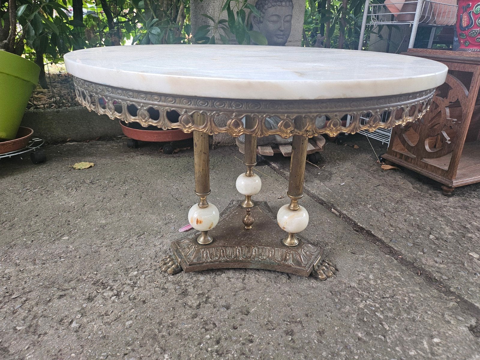 Table basse ronde vintage en laiton et onyx – Style Régence, Enlèvement