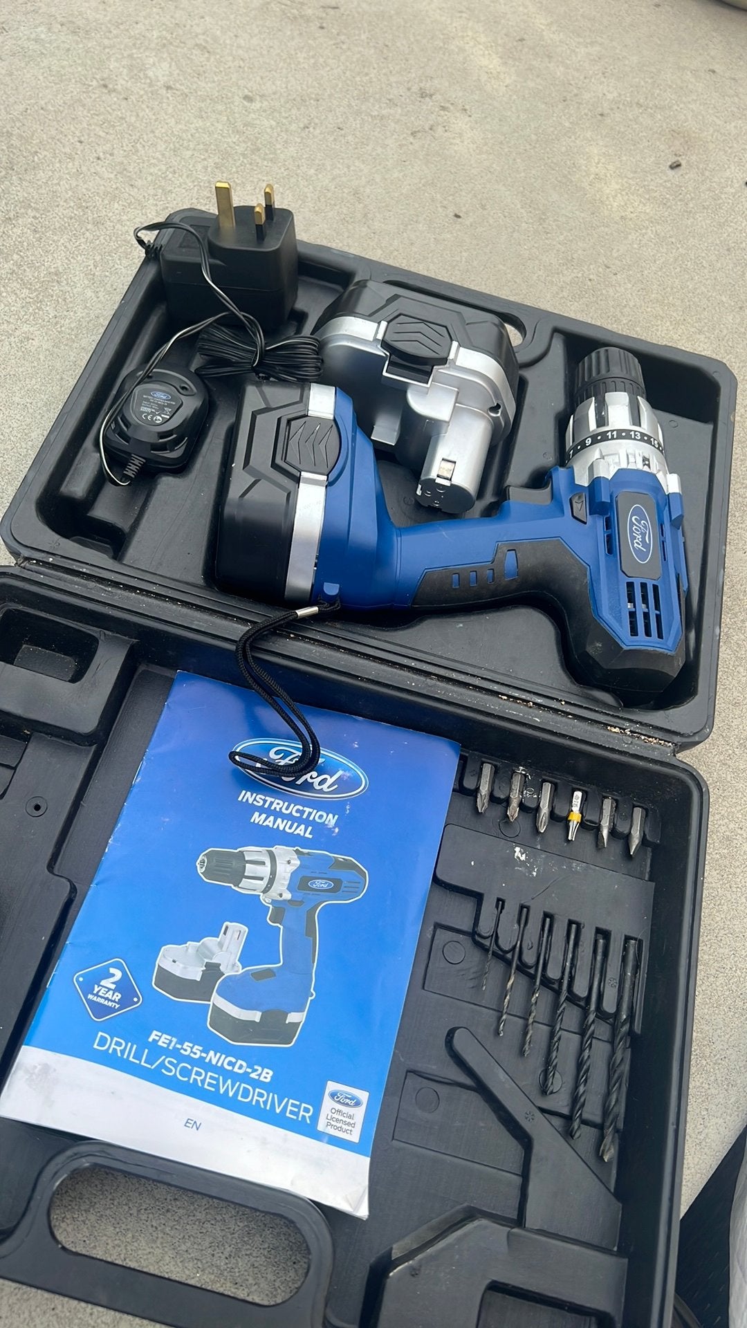 Ford 18V accuboormachine 2 accu’s + lader (engels) + koffer, Ophalen, Zo goed als nieuw, Boormachine