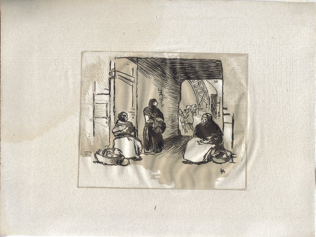 Auguste Lepère houtgravure v 2 blokken "Straatverkoopsters", Antiek en Kunst, Kunst | Etsen en Gravures, Ophalen, Dagelijks leven