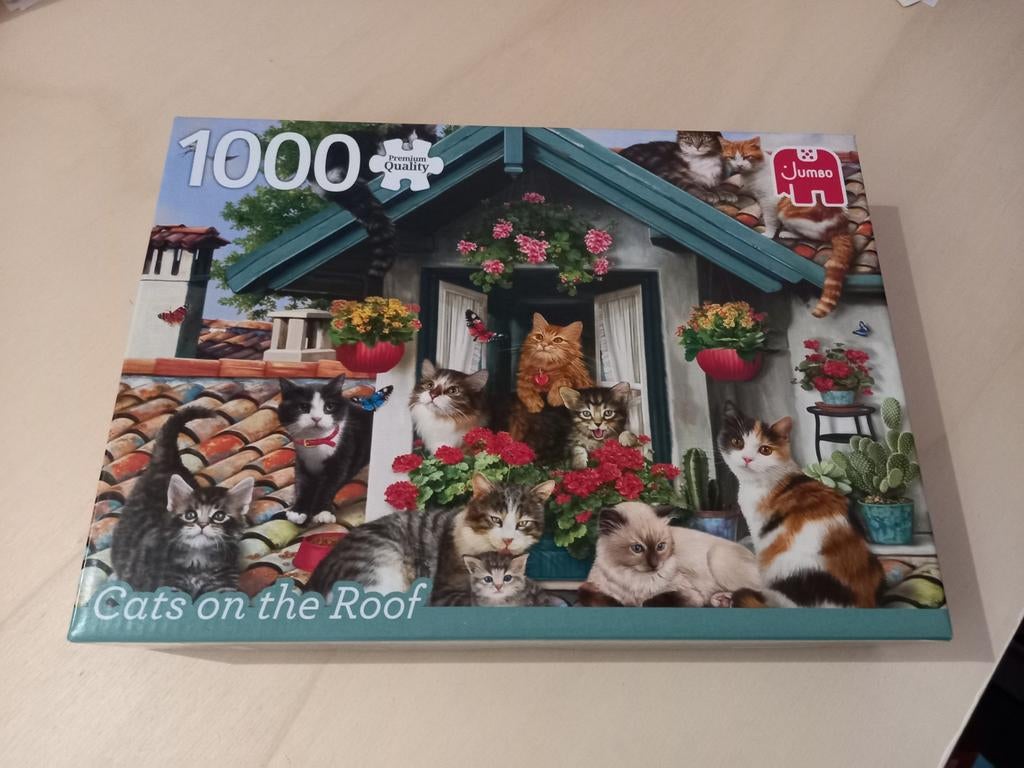Puzzle Jumbo 1000 pièces - Des chats sur le toit, Enlèvement ou Envoi, 500 à 1500 pièces, Utilisé, Puzzle