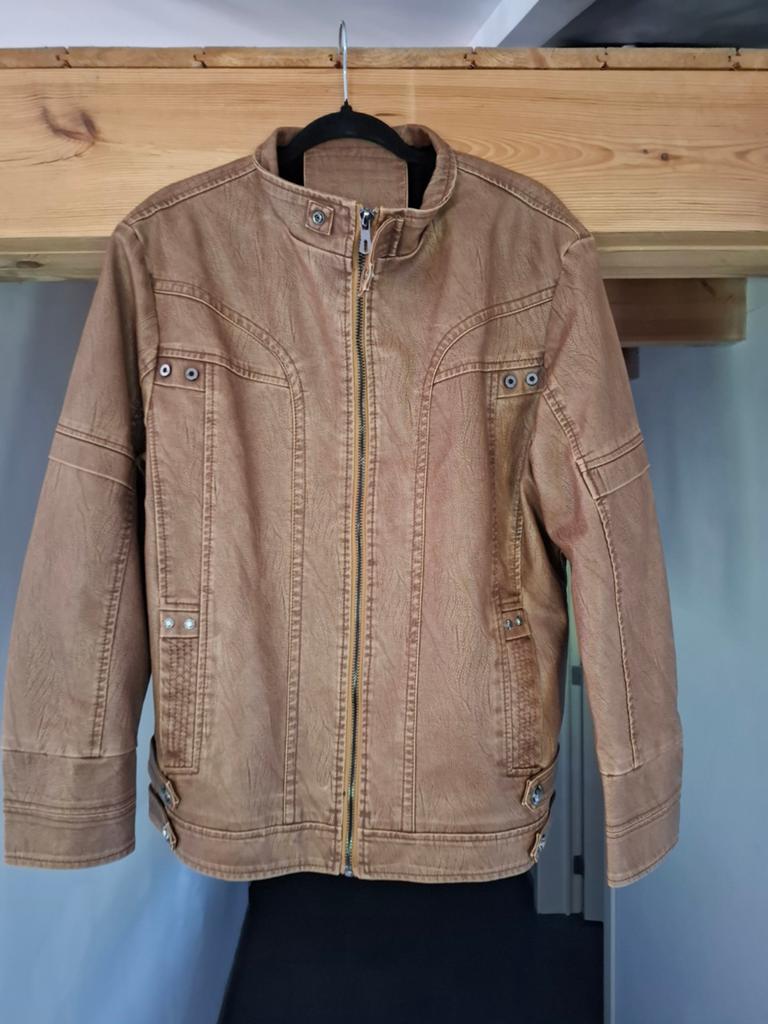 Brons/camel PU-leren bikerjack voor heren — maat L (, Motoren, Ophalen of Verzenden