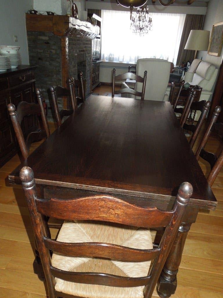 eiken tafel 1,80m x 0,60m / 2X uittrekb.tot 3m + 8 stoelen, Huis en Inrichting, Ophalen, Gebruikt, Klassiek, Eikenhout