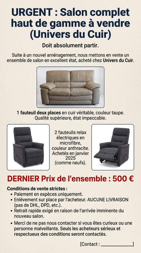 A vendre, un fauteuil  et deux fauteuils relax électriques, Maison & Meubles, Canapés | Salons, Banc droit, Enlèvement, Utilisé