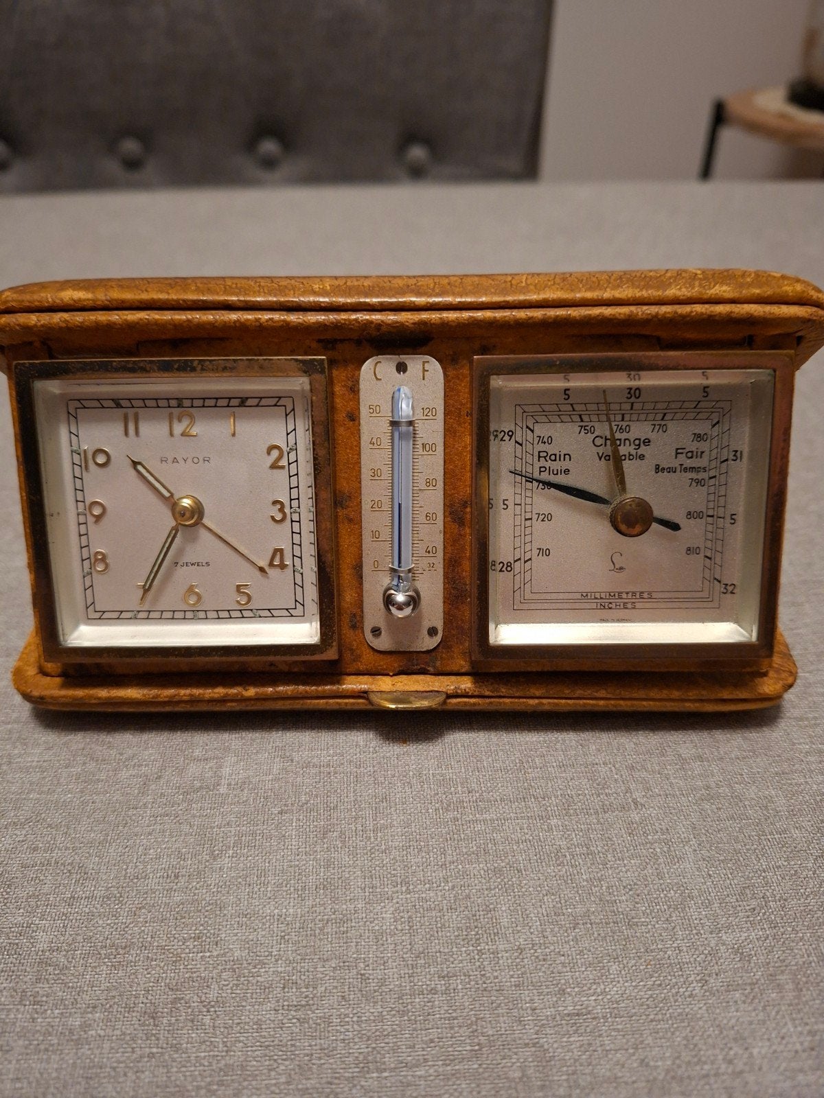 Reiswekker met barometer en thermometer in etui, Antiek en Kunst, Ophalen