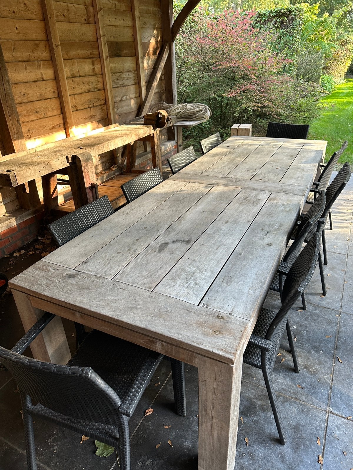 Teak tuintafel met 10 tuinstoelen 3m x 98cm, Tuin en Terras, Ophalen, Gebruikt, Rechthoekig, Hout