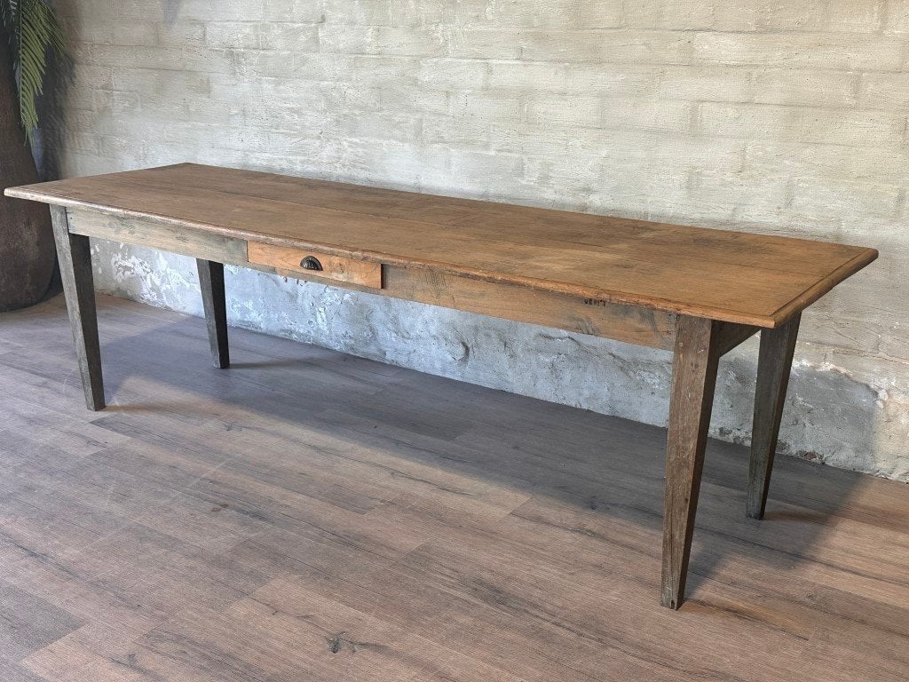 Franse authentieke eettafel - 260 x 77 cm / 1 lade, Gebruikt, Eikenhout, 200 cm of meer, Vijf personen of meer