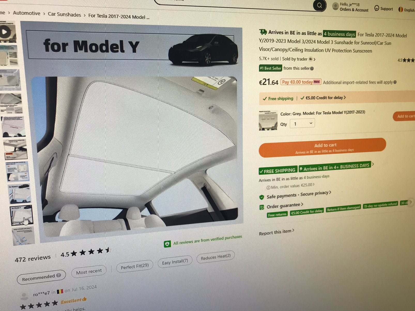 Zonnewering Tesla Model Y, Auto's, Tesla, Particulier, Te koop, Model Y