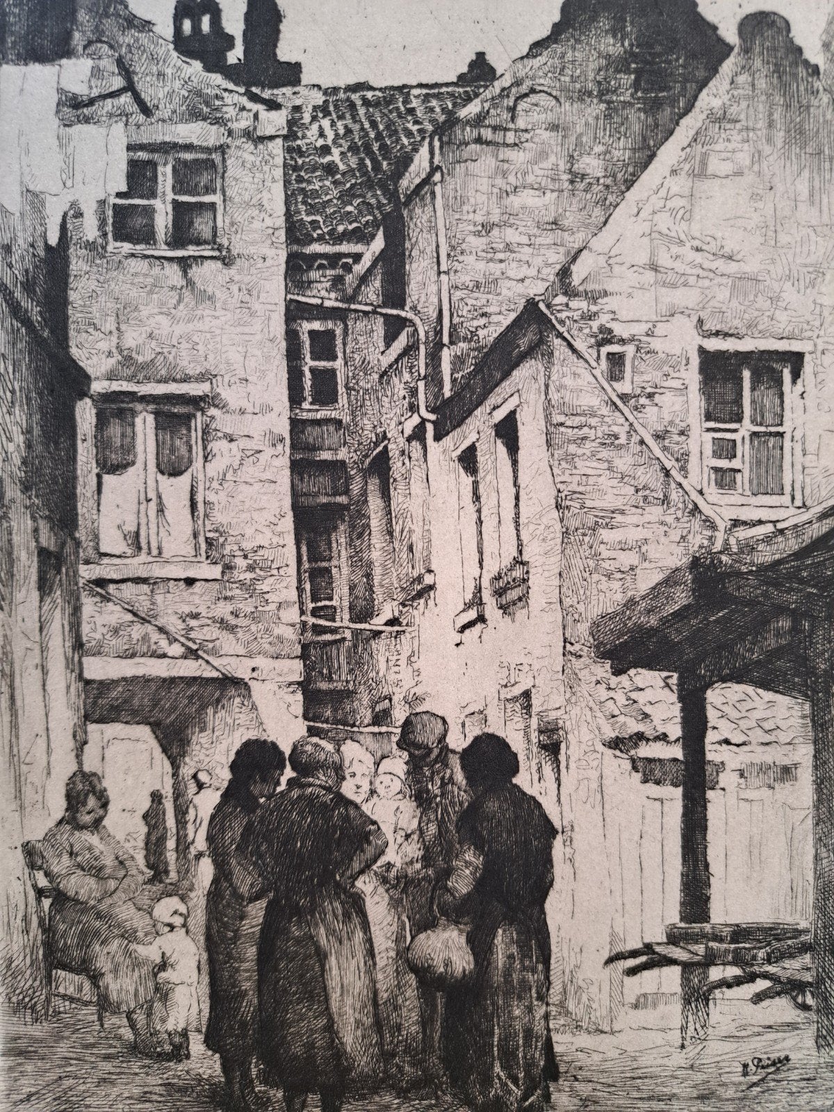PEISER Kurt "La cour rue du Faucon" ets, Ophalen of Verzenden, Ets, Genummerd