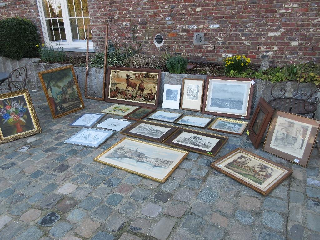 Groot lot van schilderijen kaders tekeningen aquarel enz..., Antiek en Kunst, Kunst | Schilderijen | Klassiek, Ophalen