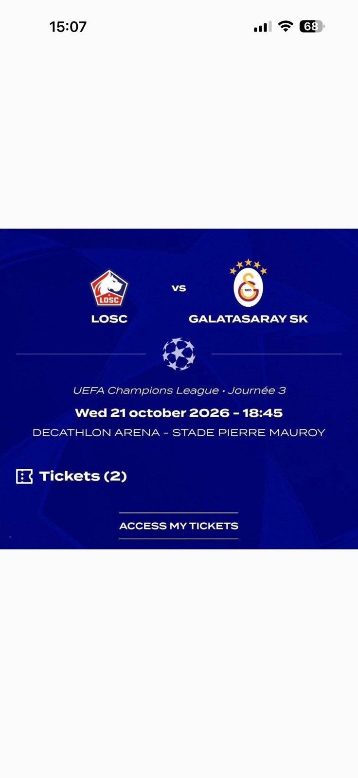 2 tickets lille-galatasaray champions leauge, Tickets & Billets