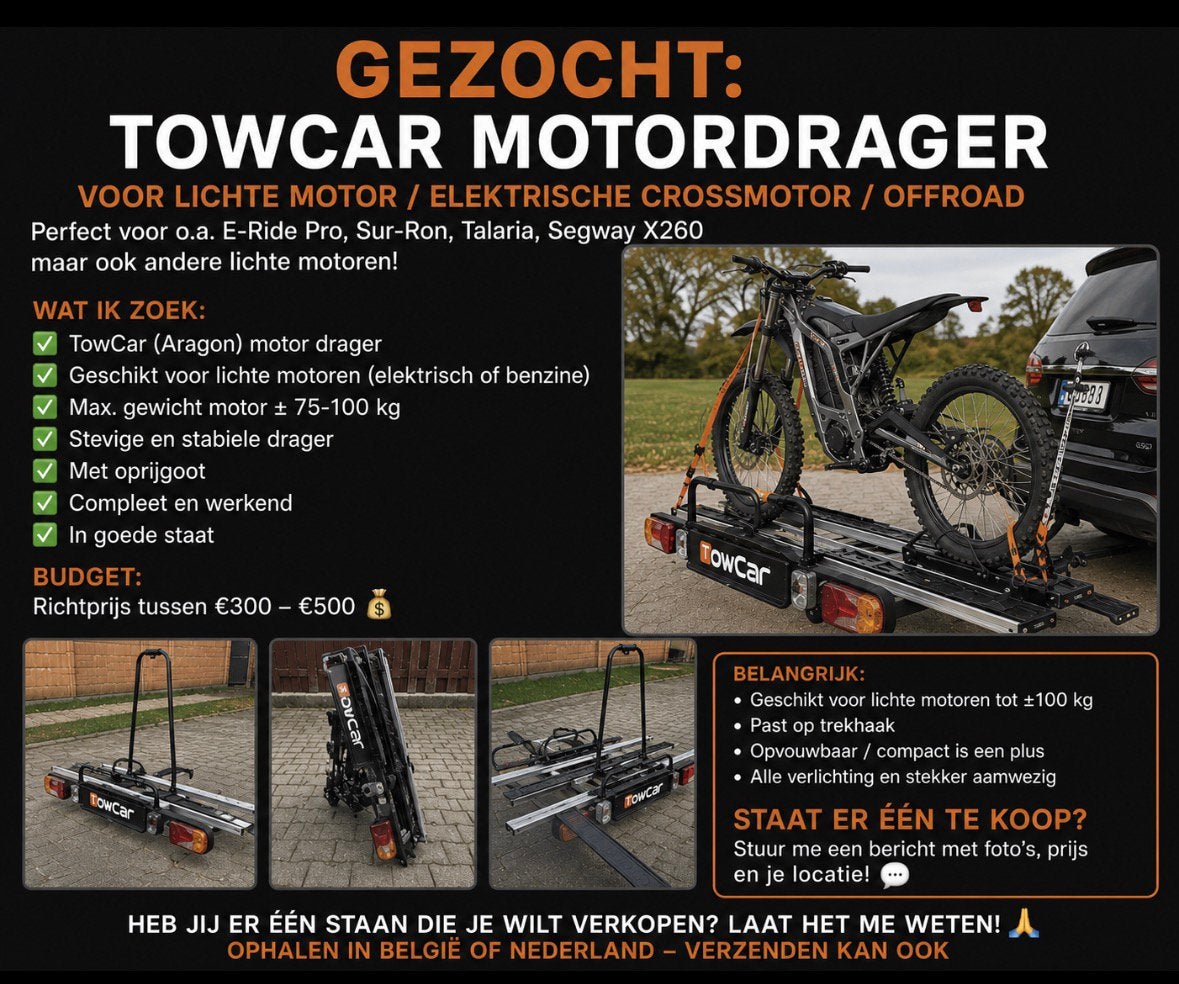 Gezocht: Towcar motordrager trekhaak voor lichte motor, Enlèvement