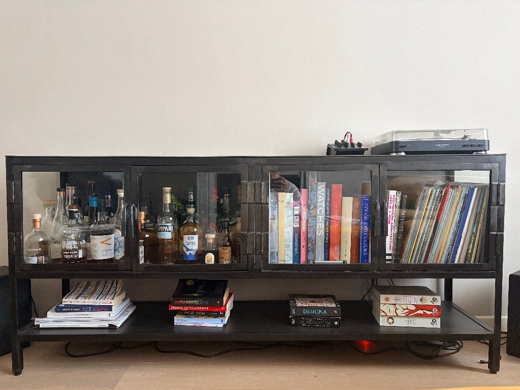 dressoir  industriel en métal noir et verre – 180 cm, Ophalen, Gebruikt, Glas