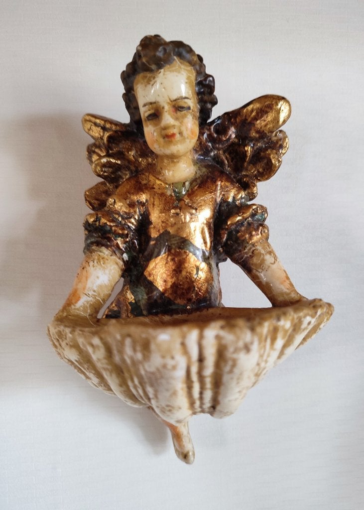 Ange, bénitier. Artisanat, peint à la main. Italie, Enlèvement ou Envoi, Utilisé, Religion