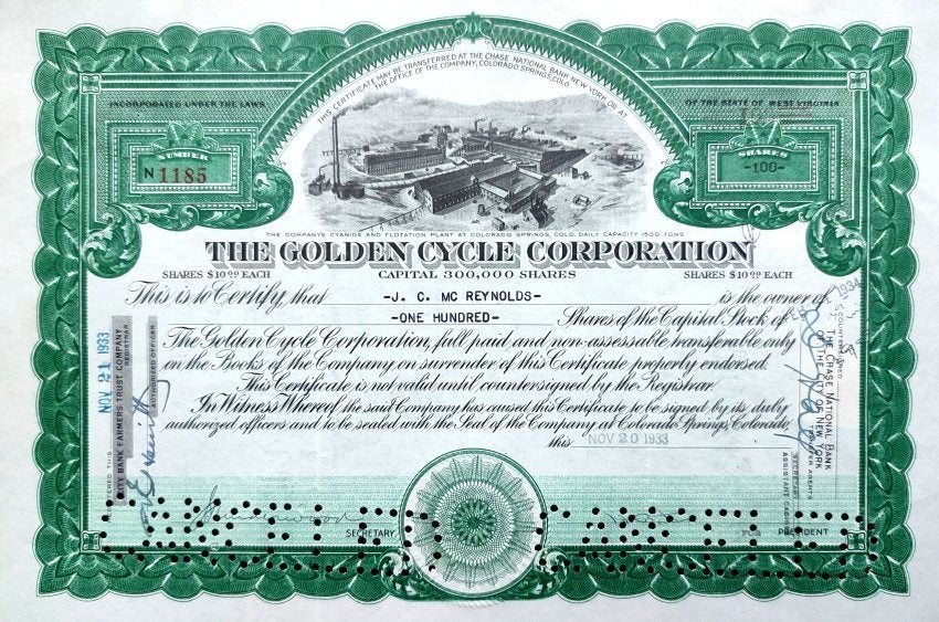 The Golden Cycle Corporation (James Clark McReynolds) 1934, Postzegels en Munten, Aandelen en Waardepapieren, Ophalen of Verzenden