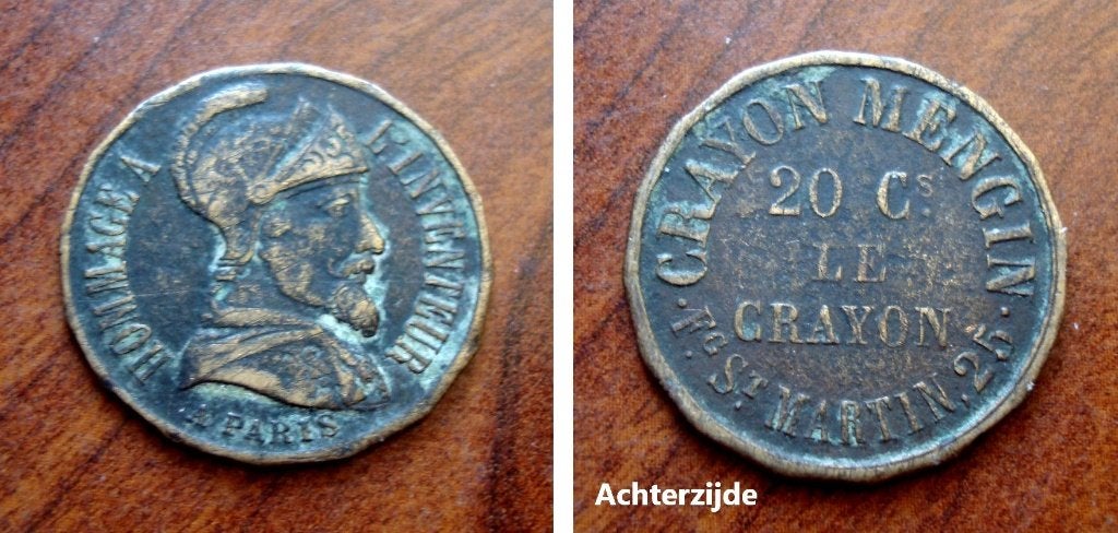 Reklamepenning 20 cent Crayon Mengin Paris, Verzenden, Brons