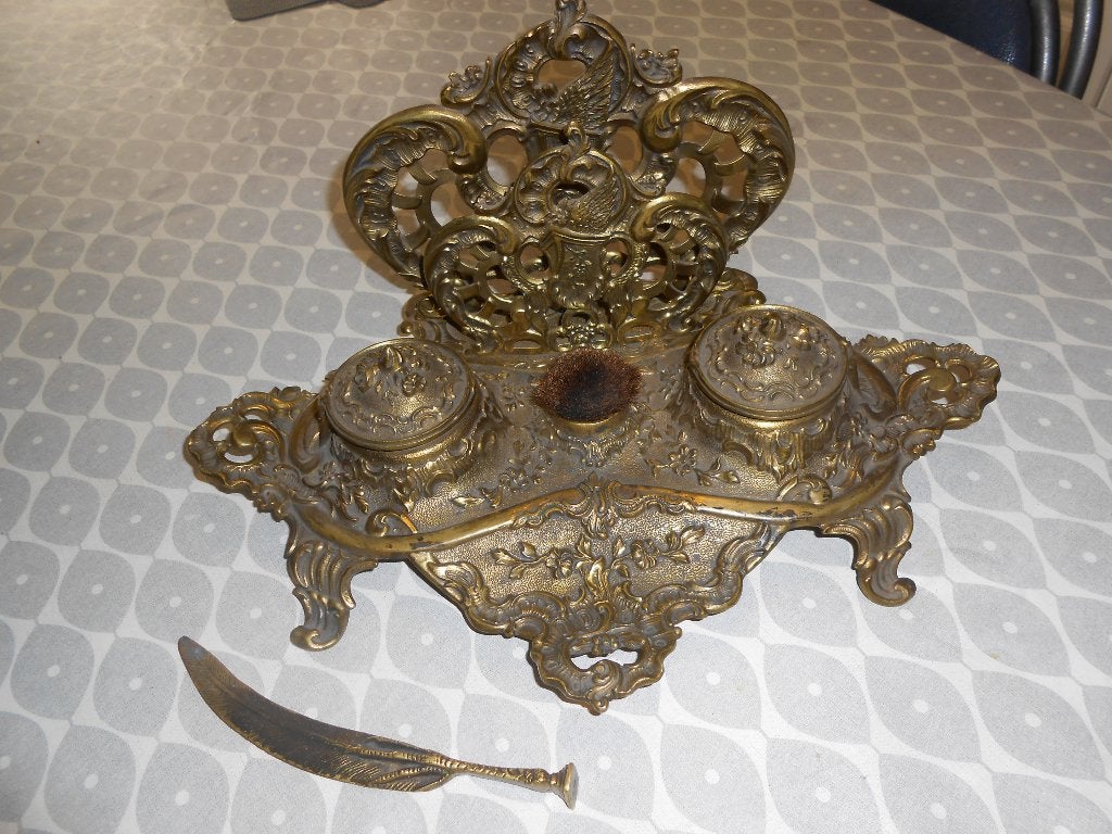 Koperen inktstel met brievenhouder en brievenopener, Antiek en Kunst, Ophalen of Verzenden, Koper
