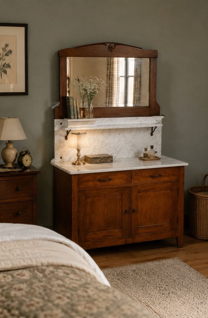 Antieke wastafel commode met Marmeren Blad En Facet Spiegel, Huis en Inrichting, Kasten | Overige, Ophalen, Gebruikt
