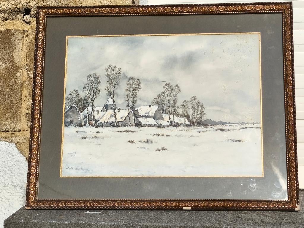 Gouache paysage enneigé signe Maurice denis, Ophalen of Verzenden
