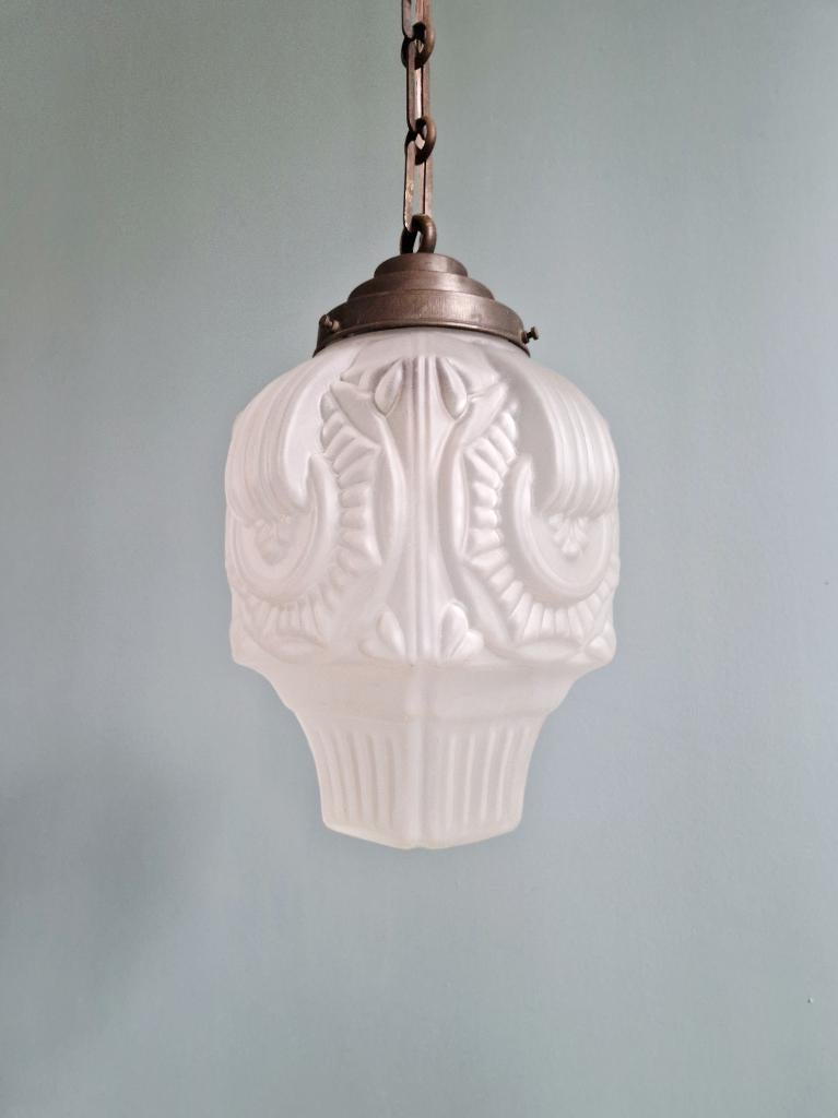 Art Deco hanglamp in gematteerd persglas, 1920-30, Ophalen of Verzenden