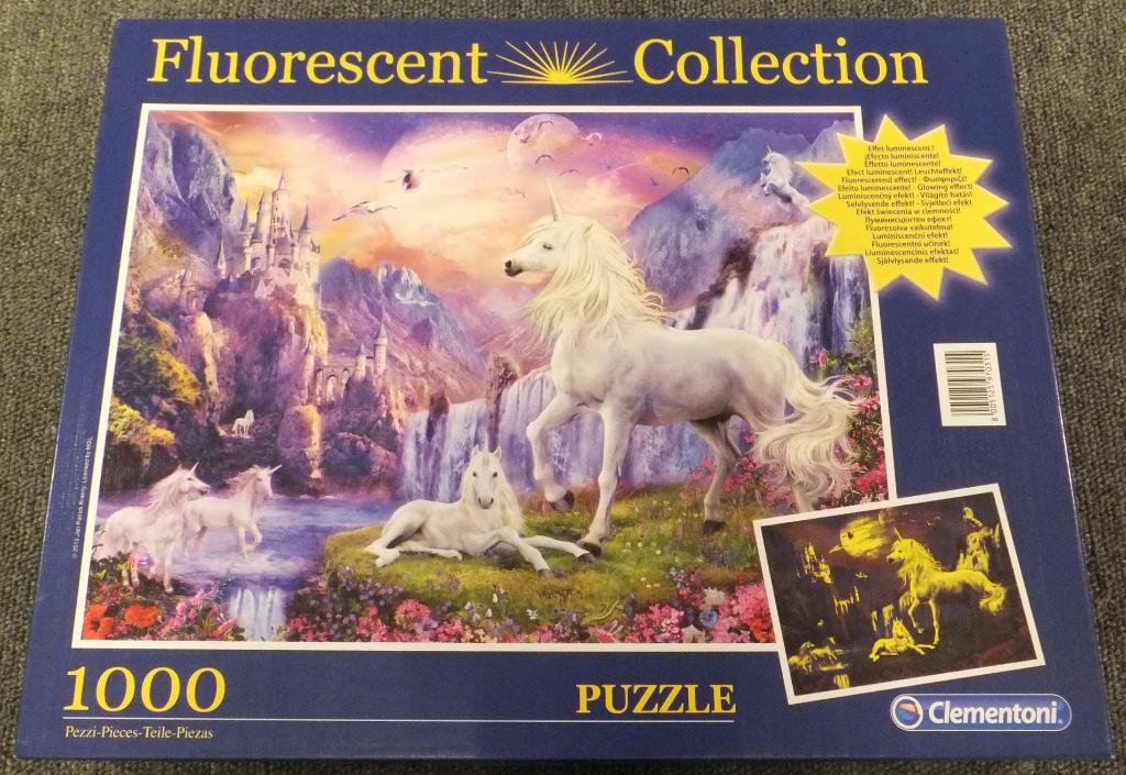 Puzzel - Clementoni 1000 - Fluorescent Collection, Unicorns, Enlèvement ou Envoi, 500 à 1500 pièces, Utilisé, Puzzle