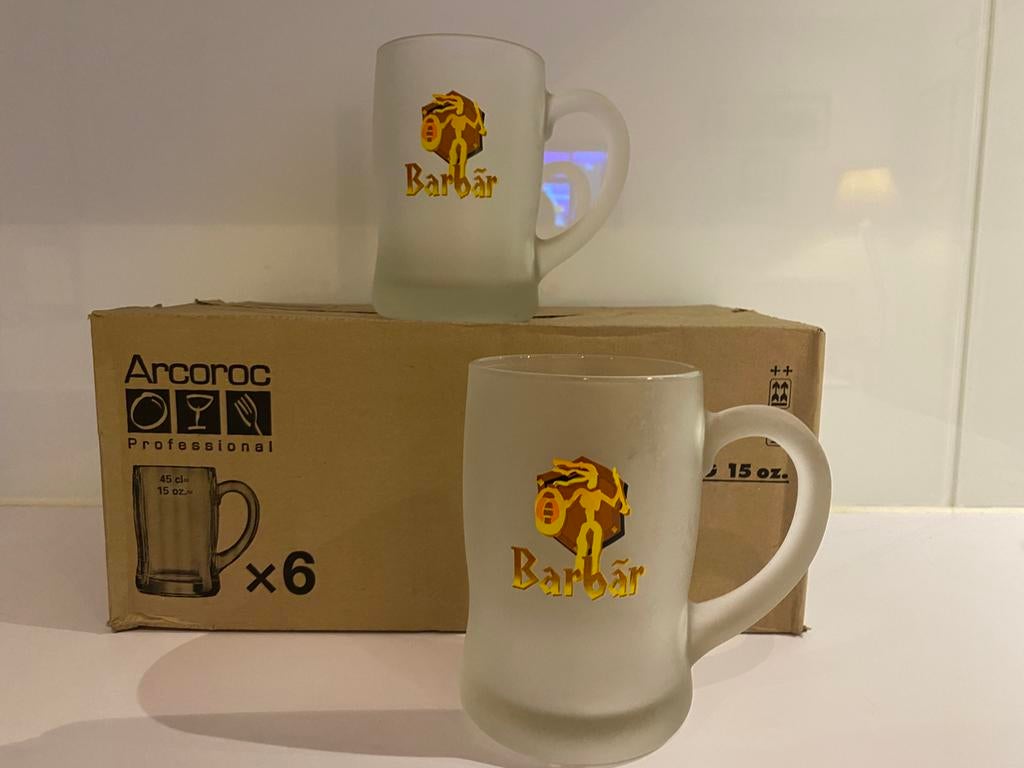 Zes glazen Barbar Brij Lefevre., Ophalen, Nieuw, Bierglas