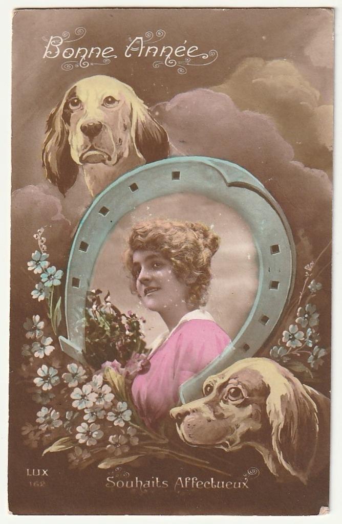 Bonne Année Femme fer à cheval 2 chiens souhaits affectueux, Envoi, Non affranchie, Chien ou Chat