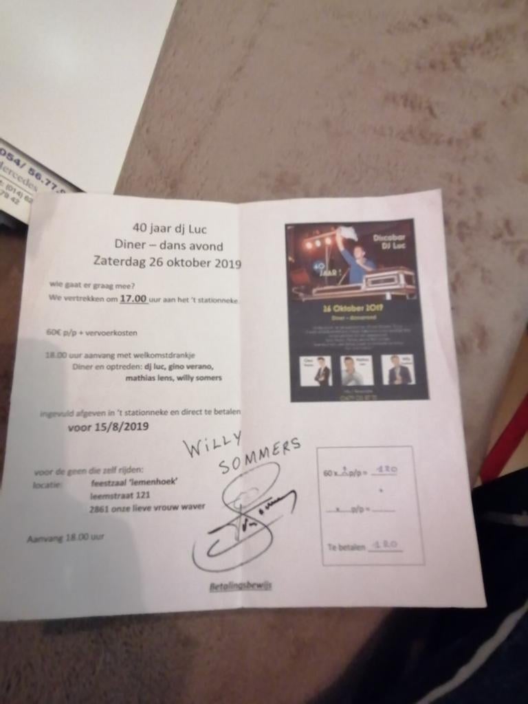 Flyer met handtekening Willy Sommers, Verzenden