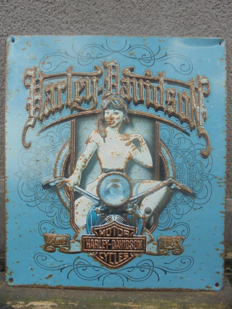 blikken bord harley davidson pin up in relief 33 x 38 cm, Ophalen of Verzenden, Gebruikt, Reclamebord