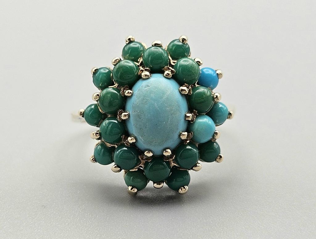 Bague vintage en or avec pierre précieuse turquoise. 2024/18, Bijoux, Sacs & Beauté, Enlèvement ou Envoi, Or, Bague, Avec pierre précieuse