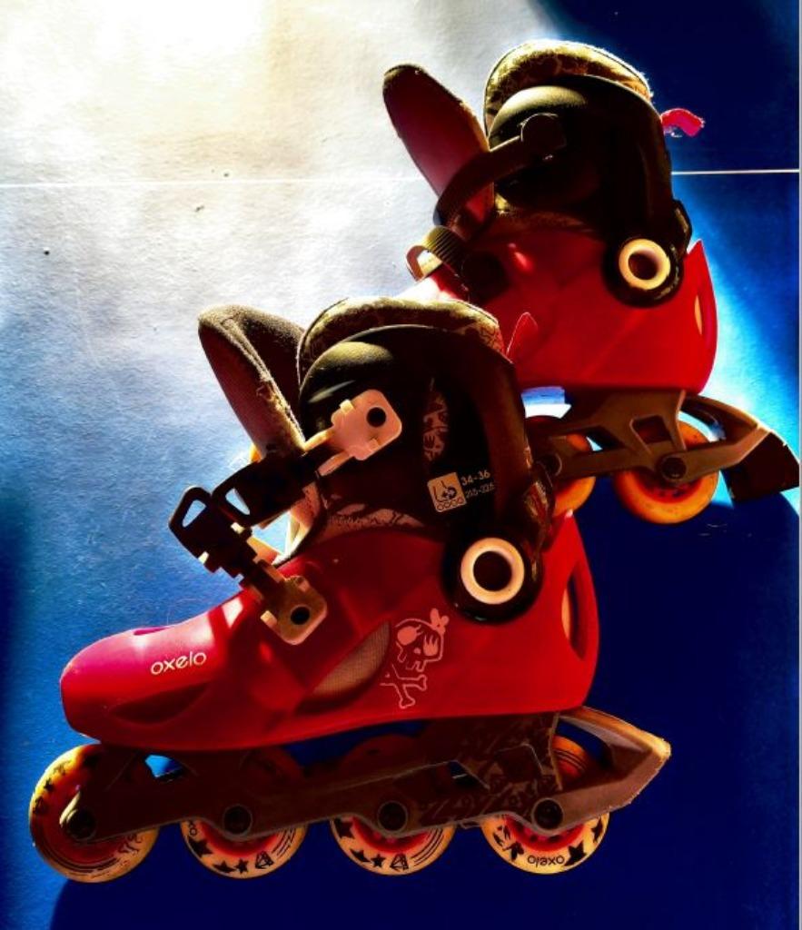 Rolschaatsen kind roze of blauw (mt 34-36), Enlèvement, Réglable, Utilisé, Enfants