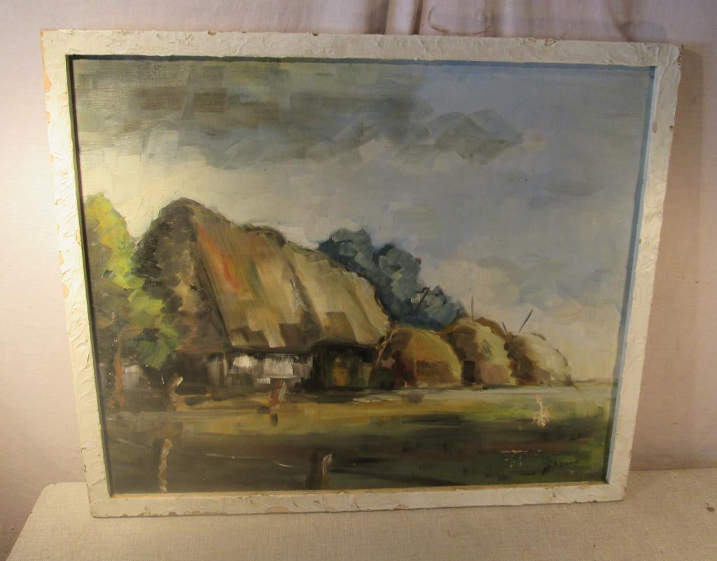 Leuk Oud Geschilderd Werk 'Hoeve en Hooimijten' - Prinsen, Ophalen of Verzenden