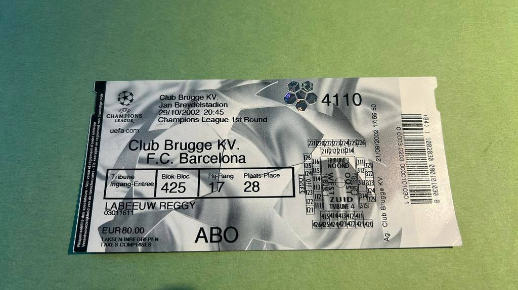 Ticket Champions League Club Brugge - Barcelone 2002, Envoi, Utilisé