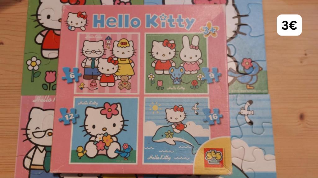 4 puzzels Hello Kitty 6 9 12 16 stuks, Ophalen of Verzenden, Minder dan 10 stukjes, Gebruikt, 2 tot 4 jaar