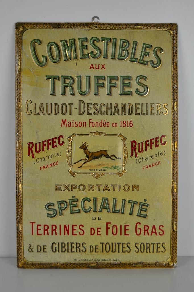 Panneau d'affichage ancien en étain Comestibles aux Truffes, Enlèvement ou Envoi, Comme neuf, Panneau publicitaire